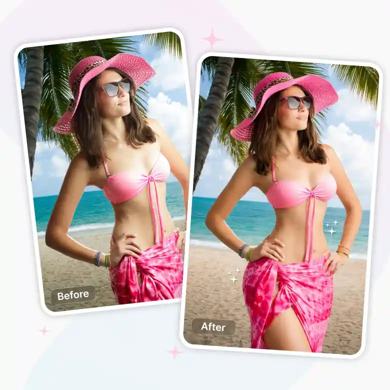 beach model photo enhanced using AI hourglass body filter for natural body curve enhancement.